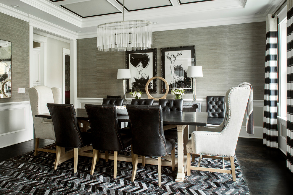 Inspiration for a large transitional separate dining room in New York with grey walls, dark hardwood floors and no fireplace.