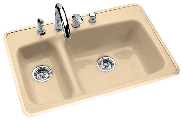 High-Low Double Bowl - Tile or Rim Mount, Almond, 3 Hole - Transitional ...