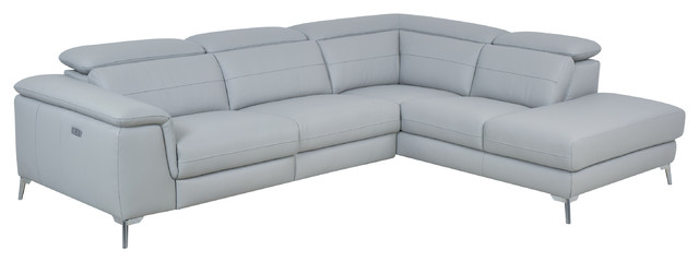 Power Reclining Sectional Sofa Leather, Modern Light Grey Leather Sectional Sofa With Electric Recliner Gray