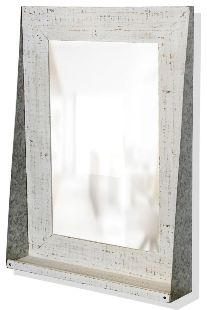Cameron Wall Mirror, Distressed White Wood/Galvanized Steel Farmhouse Wall Mirrors by
