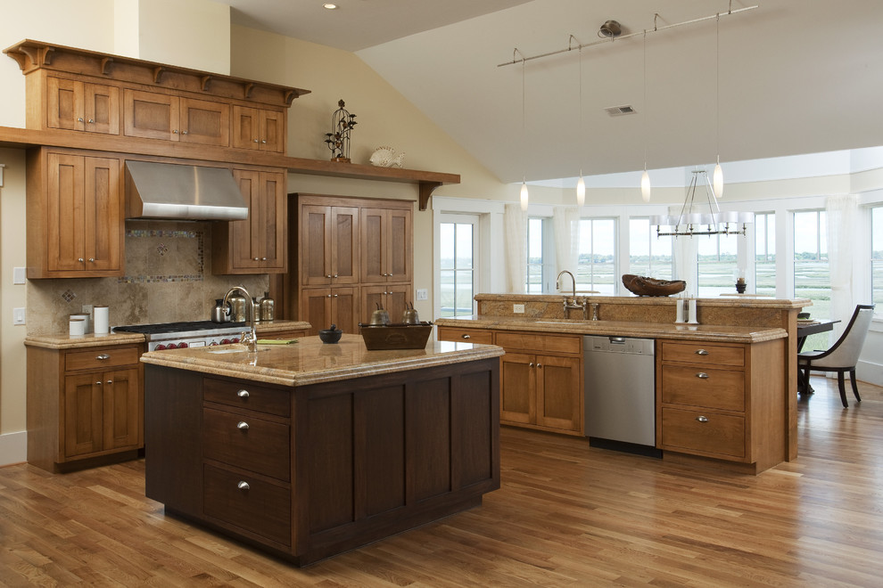Traditional kitchen in Other with granite benchtops, shaker cabinets and with island.
