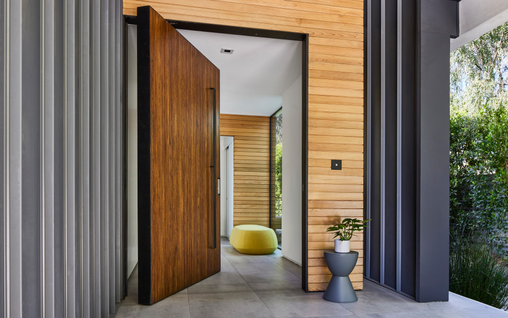 Idee per un ingresso o corridoio minimal con una porta a pivot, una porta in legno scuro e pavimento grigio