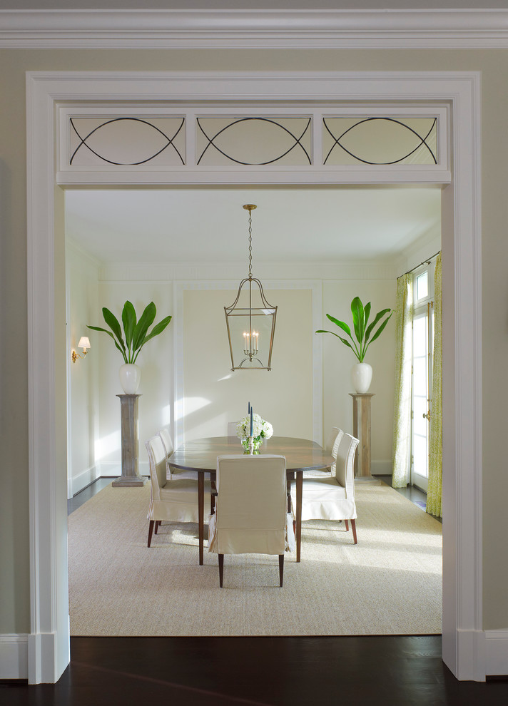 Inspiration for a traditional dining room in DC Metro with dark hardwood floors and beige walls.