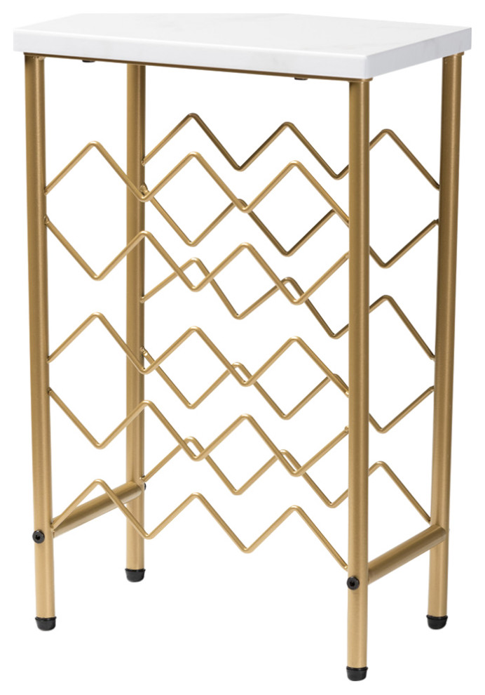 Cleary Modern Gold Metal Wine Rack With Faux Marble Tabletop