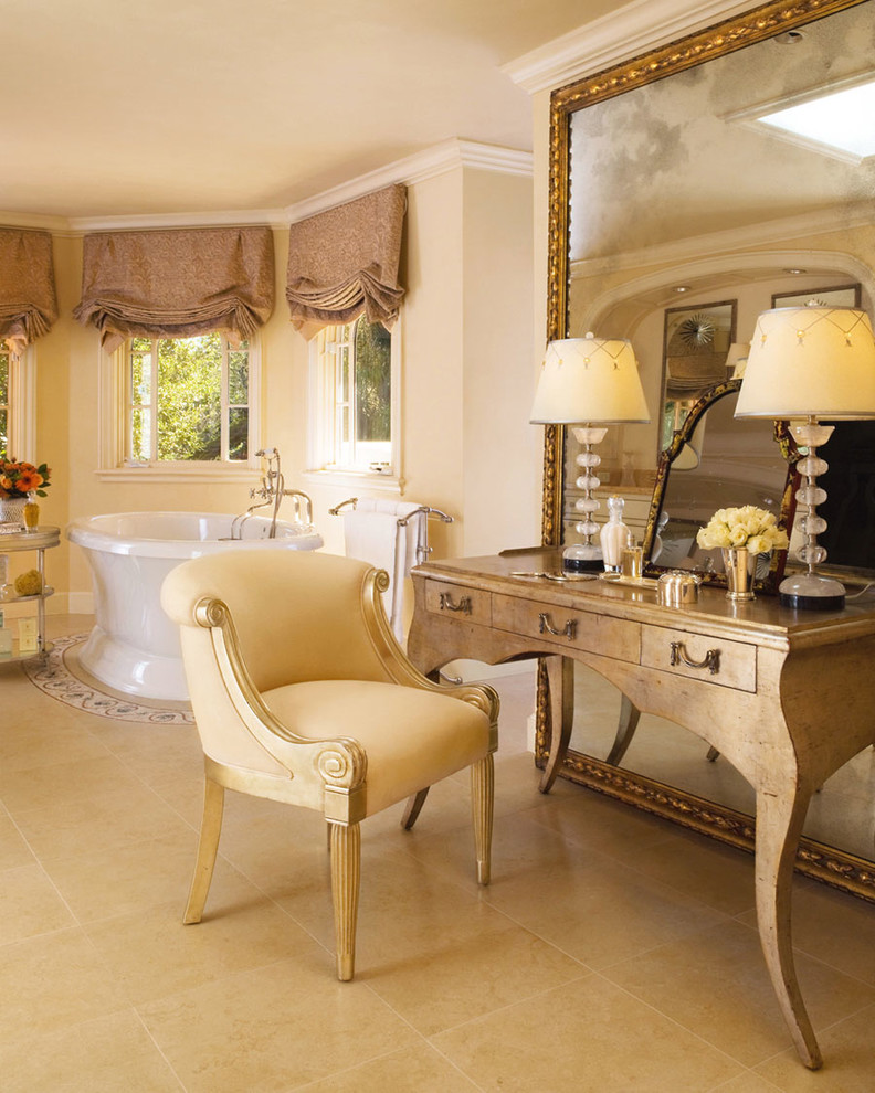 Large traditional master bathroom in San Francisco with a drop-in tub, beige walls, mosaic tile floors and beige floor.