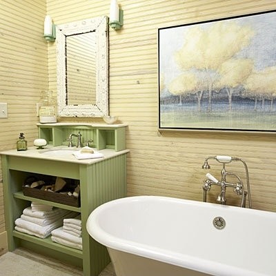 Small country master bathroom in Atlanta with open cabinets and green cabinets.