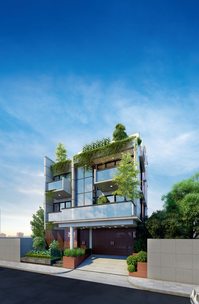 Mittelgroße, Dreistöckige Moderne Doppelhaushälfte mit Betonfassade, grauer Fassadenfarbe, Flachdach, Misch-Dachdeckung und grauem Dach in Sonstige