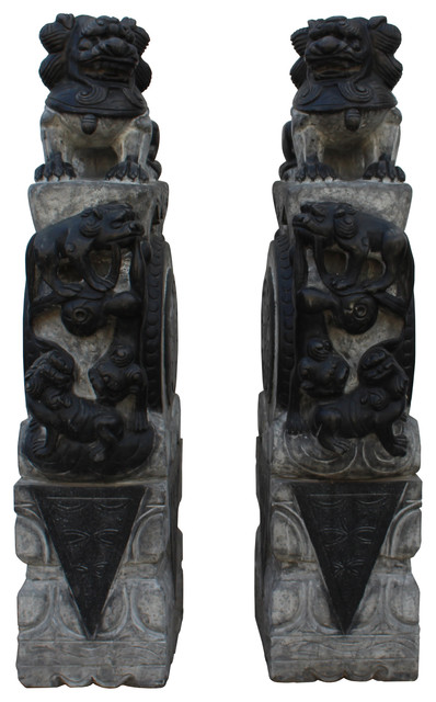 Chinese Pair Gray Black Stone Fengshui Foo Dogs Lions Door Block Statue Hcs4733