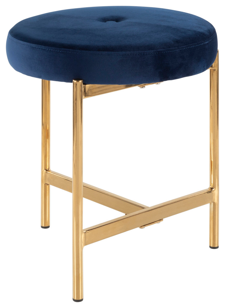 Chloe Contemporary Vanity Stool, Gold Metal/Blue Velvet Contemporary