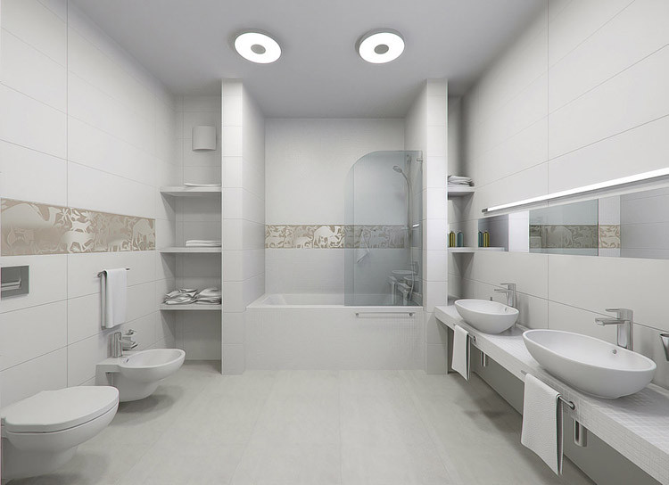 Inredning av ett modernt stort vit vitt badrum för barn, med ett undermonterat badkar, en dusch/badkar-kombination, en toalettstol med separat cisternkåpa, vit kakel, keramikplattor, vita väggar, klinkergolv i keramik, ett väggmonterat handfat, kaklad bänkskiva, vitt golv och dusch med gångjärnsdörr