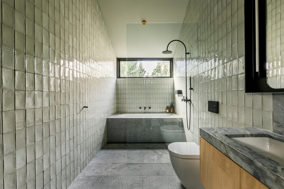 Inspiration for a large contemporary master bathroom in Sydney with flat-panel cabinets, dark wood cabinets, a double shower, green tile, porcelain tile, green walls, marble floors, an undermount sink, marble benchtops and an alcove tub.