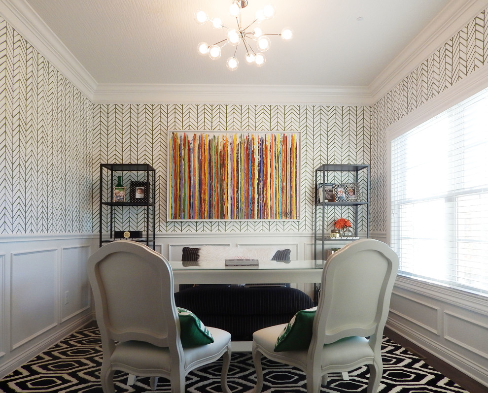 Inspiration for a mid-sized transitional study room in Columbus with multi-coloured walls and a freestanding desk.