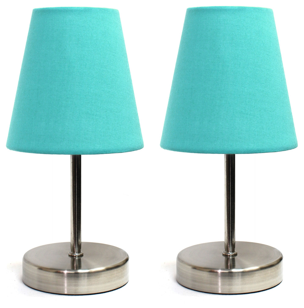 Simple Designs Sand Nickel Mini Basic Table Lamps, Fabric Blue Shade, 2-Pack Set