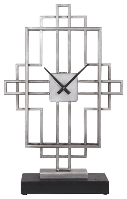 Retro Modern Geometric Tall Table Clock Mantel Desk Silver Black