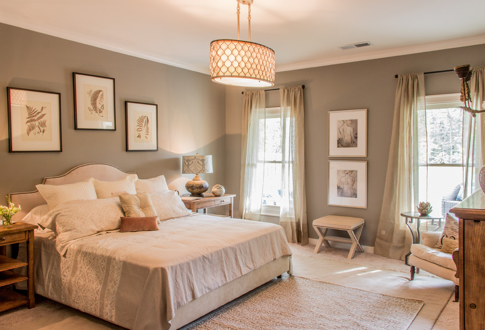 Inspiration for a mid-sized transitional master bedroom in Birmingham with grey walls, carpet, no fireplace and beige floor.