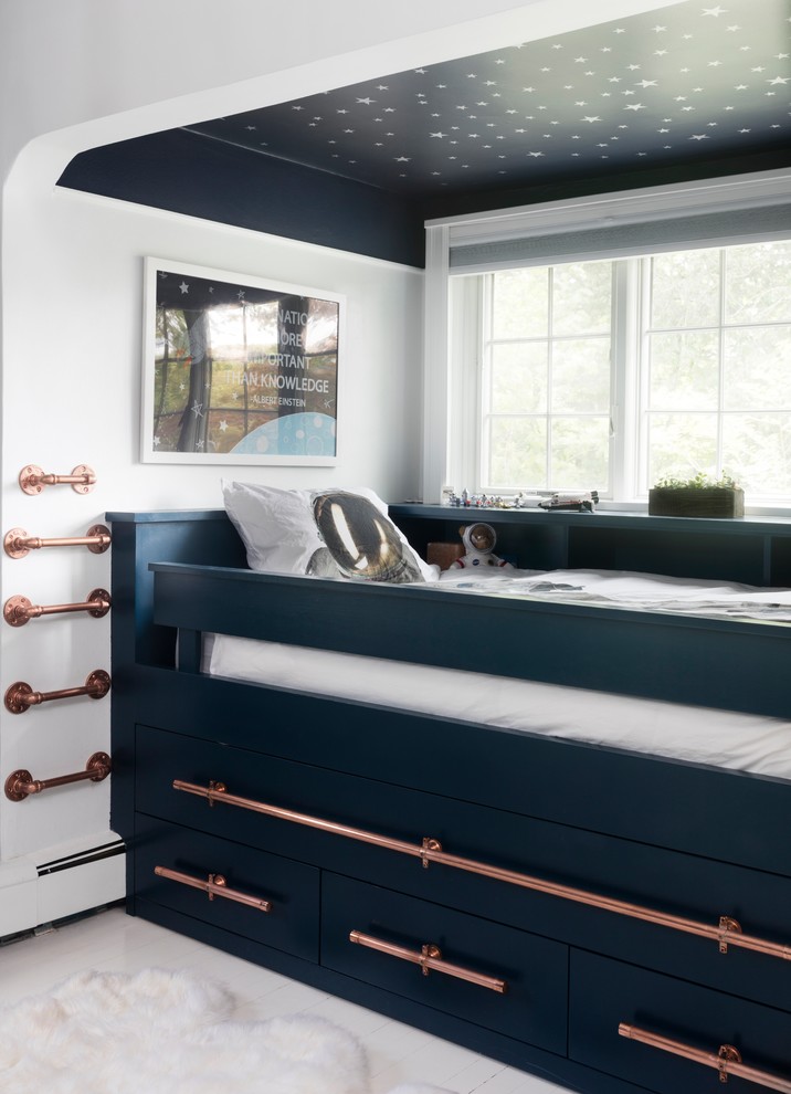 Design ideas for a mid-sized midcentury kids' bedroom for kids 4-10 years old and boys in New York with white walls, painted wood floors and white floor.