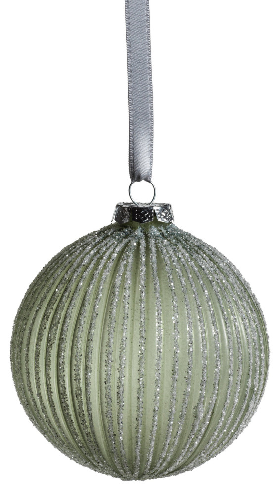 4" Ridged Green Glass Ball Ornament With Glitter, Set of 6, 4" Christmas Ornaments by Zodax