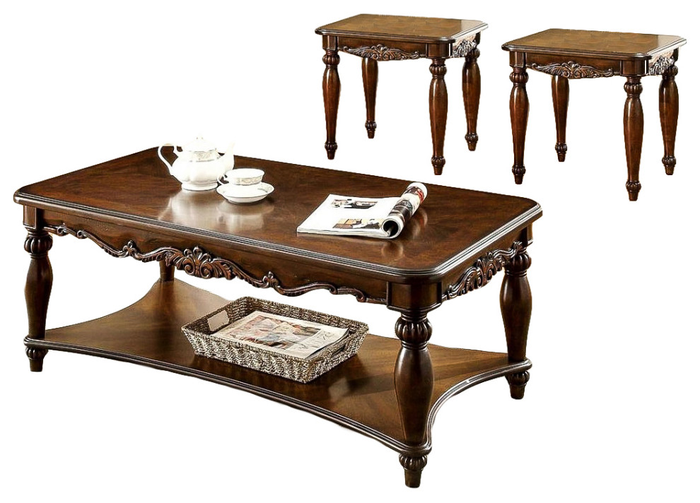 3Piece Wooden Living Room Table Set, Cherry Traditional Coffee