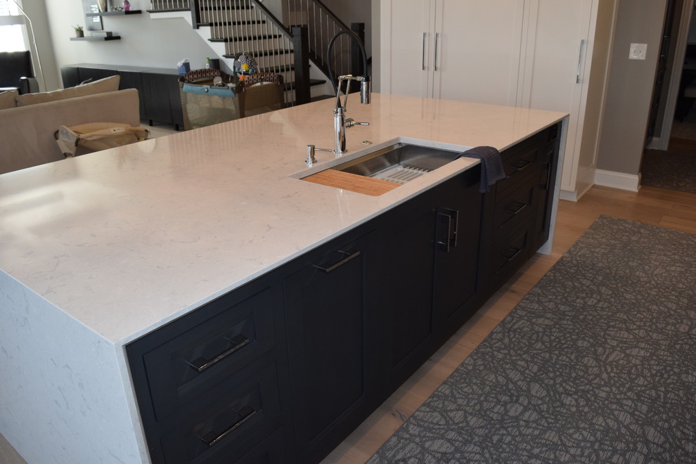 Large transitional l-shaped light wood floor and multicolored floor eat-in kitchen photo in Chicago with beaded inset cabinets, white cabinets, quartz countertops, black backsplash, ceramic backsplash, stainless steel appliances and an island