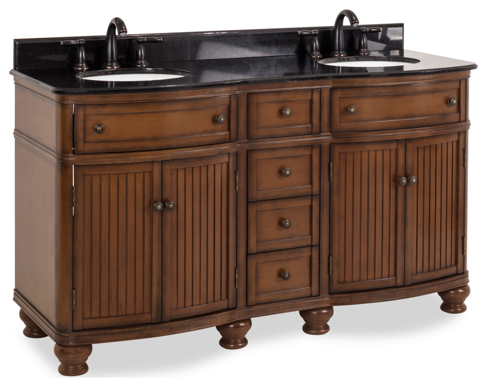 60.5"Double Walnut vanity, curved front, Black Granite top, 2 bowls