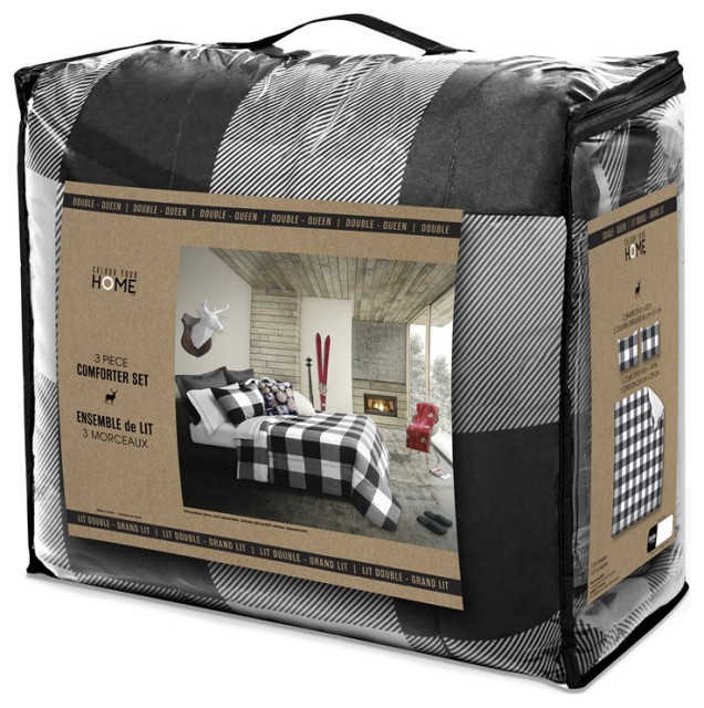 Safdie & Co. 3piece Buffalo Plaid Double Queen Comforter Set in White/Black Farmhouse