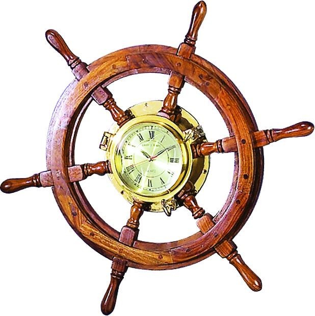 Round Wall Clock Teak Wood Ship Wheel Brass Nautical Home Decor