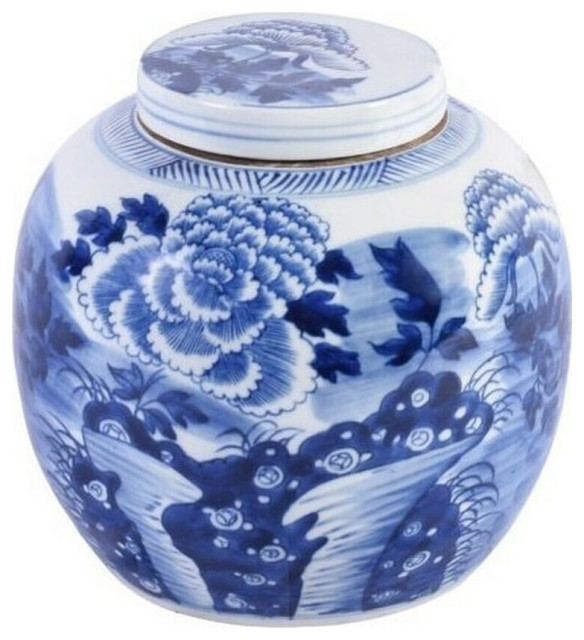 Blue and White Porcelain Floral Ginger Jar 9"