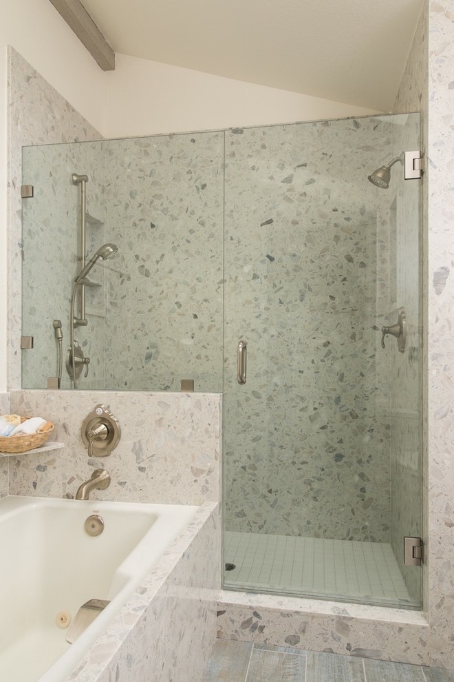 Large beach style master bathroom in San Diego with a drop-in sink, a drop-in tub, an alcove shower, a one-piece toilet, beige tile, ceramic tile, white walls and ceramic floors.