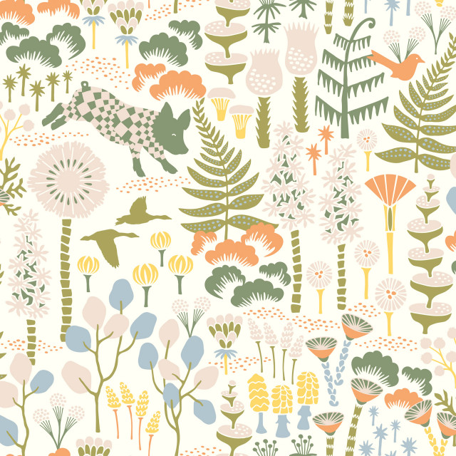 Hoppet Folk White Scandinavian Wallpaper, Sample Tropical Wallpaper