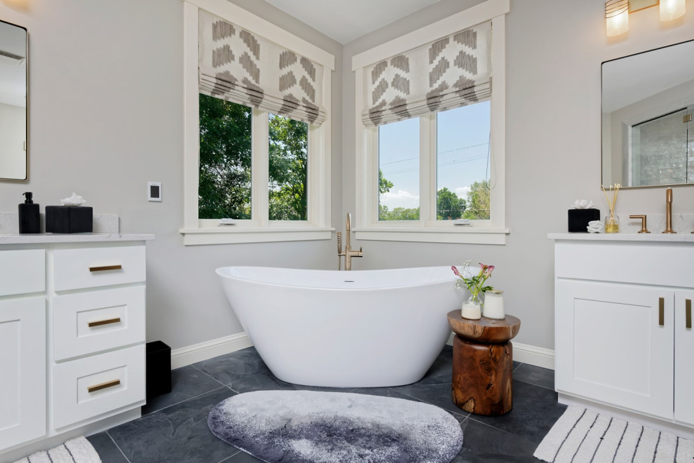 Inspiration for a mid-sized contemporary master bathroom in Santa Barbara with shaker cabinets, white cabinets, a drop-in tub, a shower/bathtub combo, an undermount sink, a single vanity and a built-in vanity.