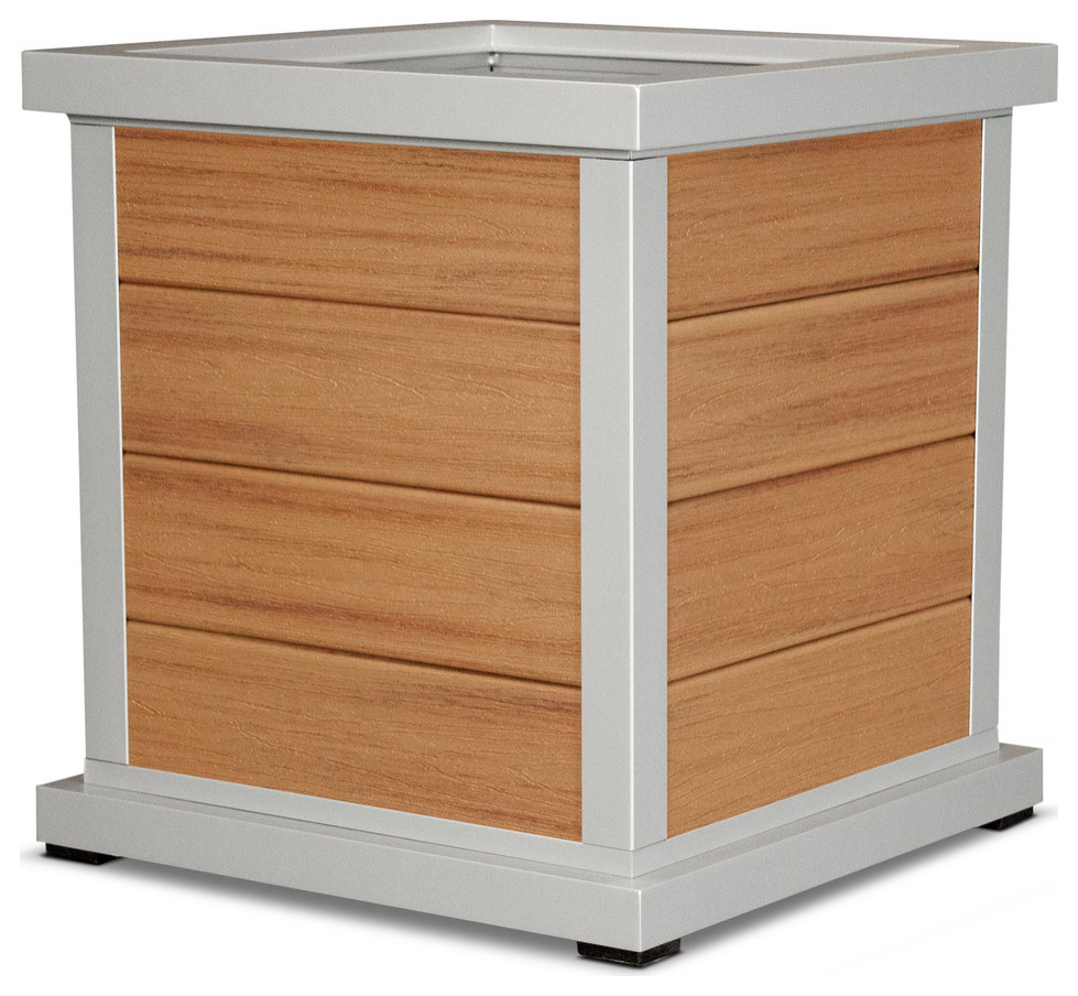 Trex Outdoor Furniture Cube 24" Planter 4 Board, Satin Silver/Tiki Torch