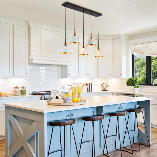 LNC 5-Light Polished Gold and White Modern Linear Kitchen Island Light ...