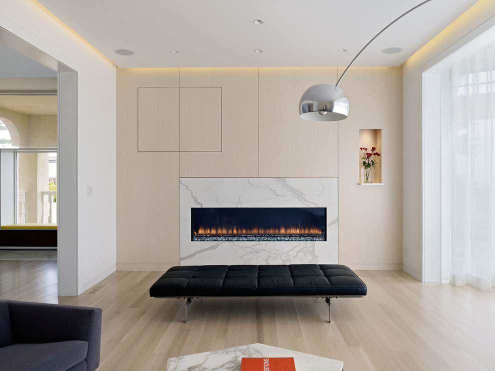 Inspiration for a modern family room in San Francisco with a ribbon fireplace, a stone fireplace surround, multi-coloured walls, light hardwood floors and beige floor.