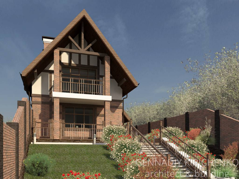 Проект двухэтажного дома с мансардой на узком участке.