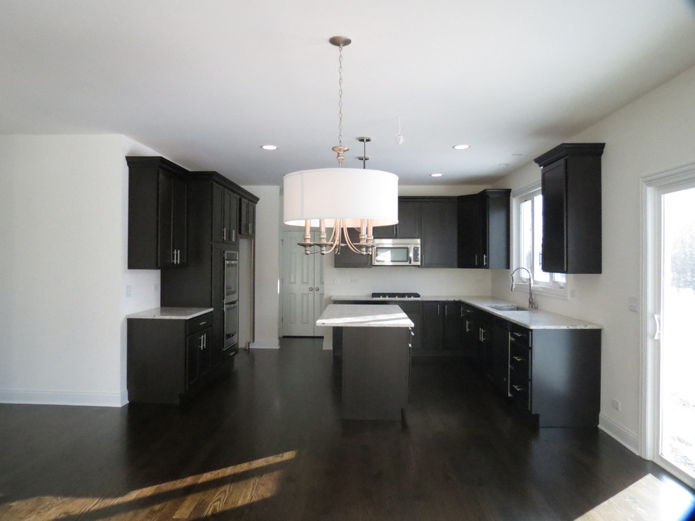 Example of a transitional dark wood floor kitchen design in Chicago with a single-bowl sink, flat-panel cabinets, dark wood cabinets, granite countertops, stainless steel appliances and an island