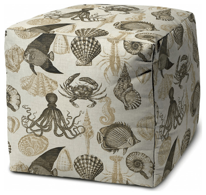 17" Beige and Gray Polyester Cube Coastal Indoor Outdoor Pouf Ottoman