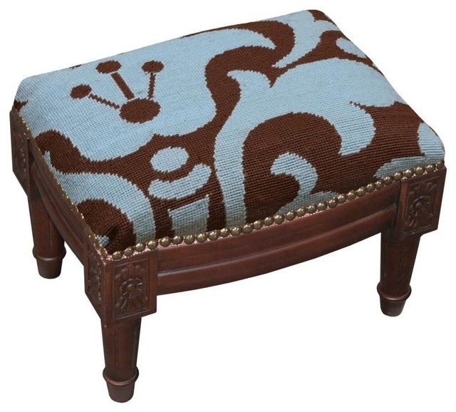 Damask Wool Needlepoint Wooden Footstool Traditional Footstools And
