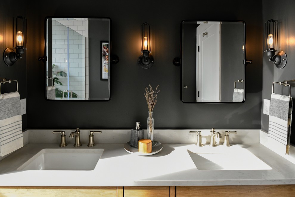 Small transitional master bathroom in Other with light wood cabinets, an open shower, a two-piece toilet, white tile, subway tile, marble floors, an undermount sink, engineered quartz benchtops, black floor, a hinged shower door, white benchtops and flat-panel cabinets.