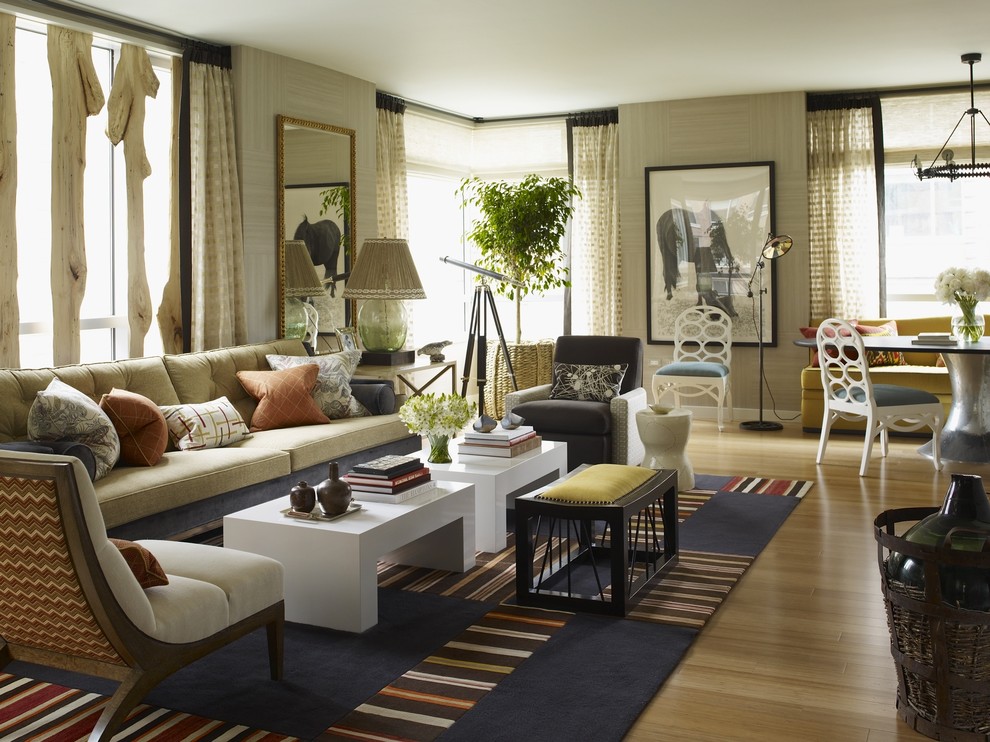 Photo of a large eclectic living room in New York with beige walls.