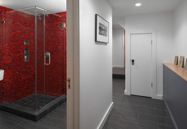 Inspiration for a small contemporary 3/4 red tile and ceramic tile ceramic tile corner shower remodel in San Francisco with a pedestal sink, a one-piece toilet and white walls