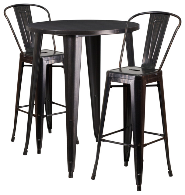 30" Round Metal Indoor/Outdoor Bar Table Set, BlackAntique Gold