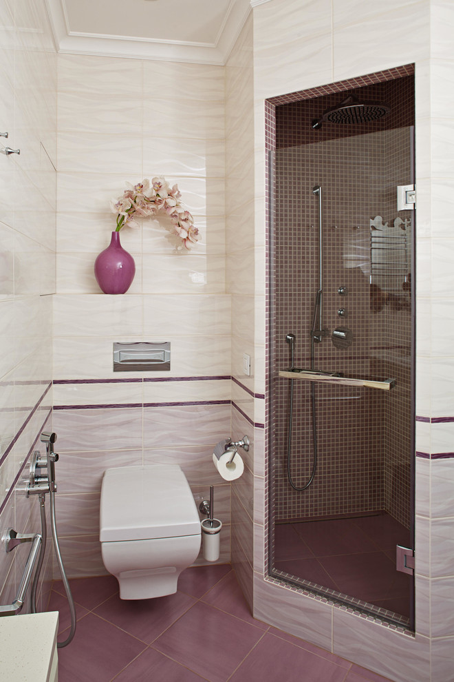 Photo of a contemporary master bathroom in Moscow with an undermount tub, an alcove shower, a wall-mount toilet, pink tile, ceramic tile, ceramic floors, a vessel sink, engineered quartz benchtops, raised-panel cabinets and beige walls.