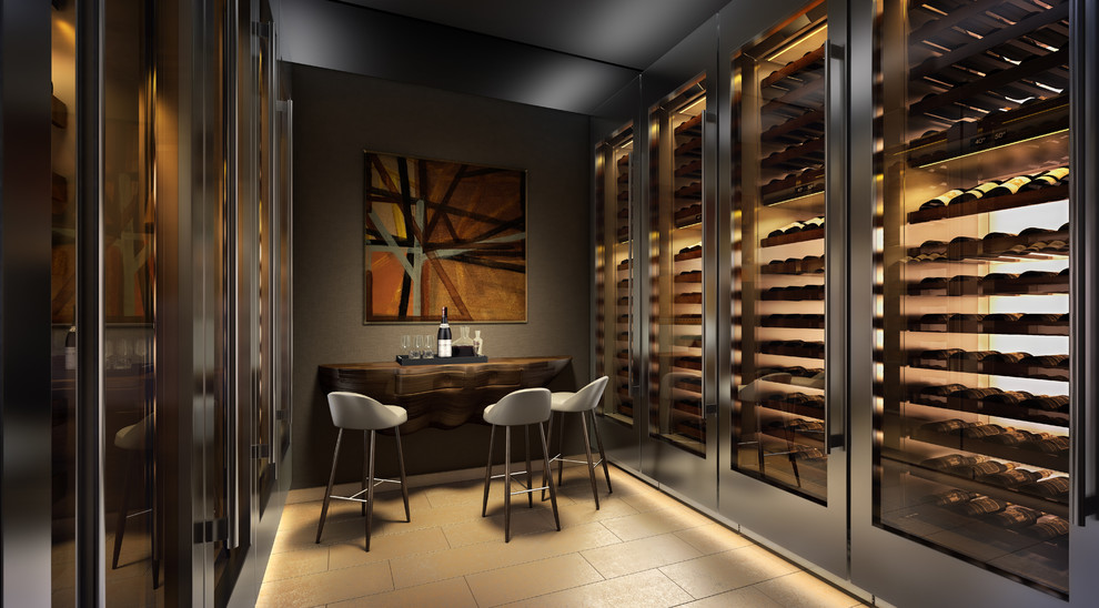 This is an example of a large tropical wine cellar in Hawaii with storage racks.