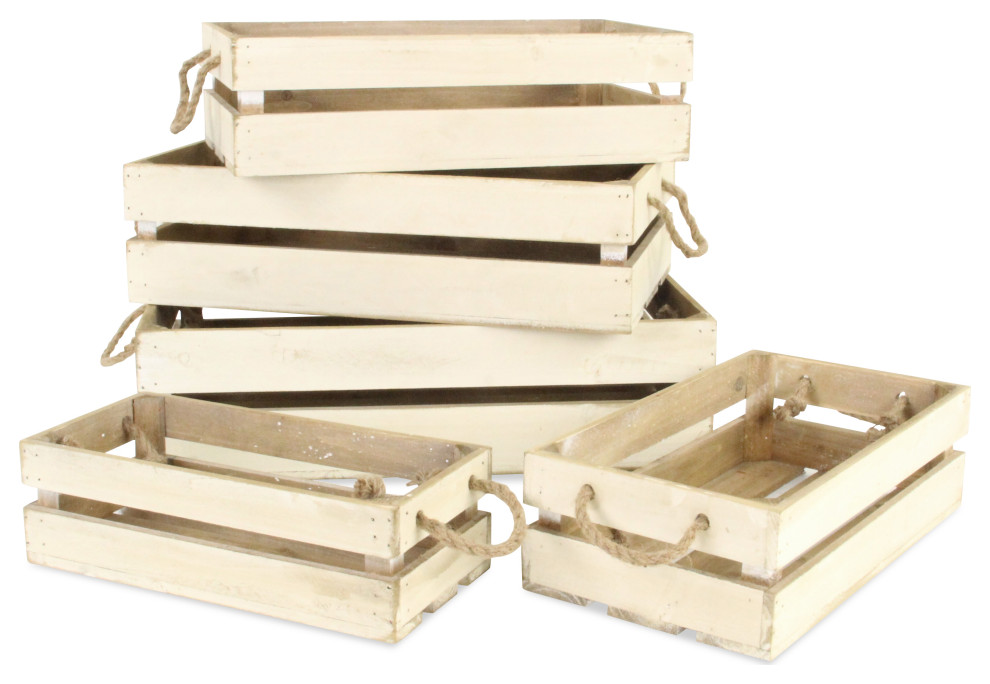Rope Handle Wood Slat Crates, Set of 5 Traditional Decorative Boxes by Cheungs Houzz