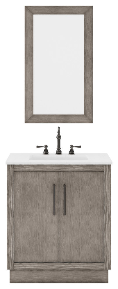 Hugo Carrara White Marble Countertop Bathroom Vanity in Grey Oak, Bronze Handle, 30", Vanity With Mirror