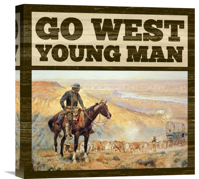 "Western - Go West Young Man" Stretched Canvas Giclee by BG.Studio, 18"x18"