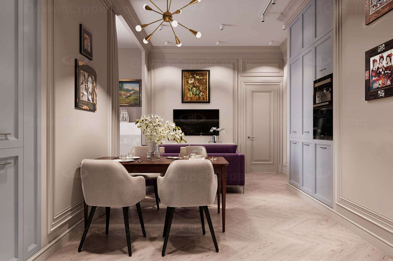 ЖК Врубеля, 4: дизайн интерьера евродвушки 60 кв.м. в стиле «Неоклассика»