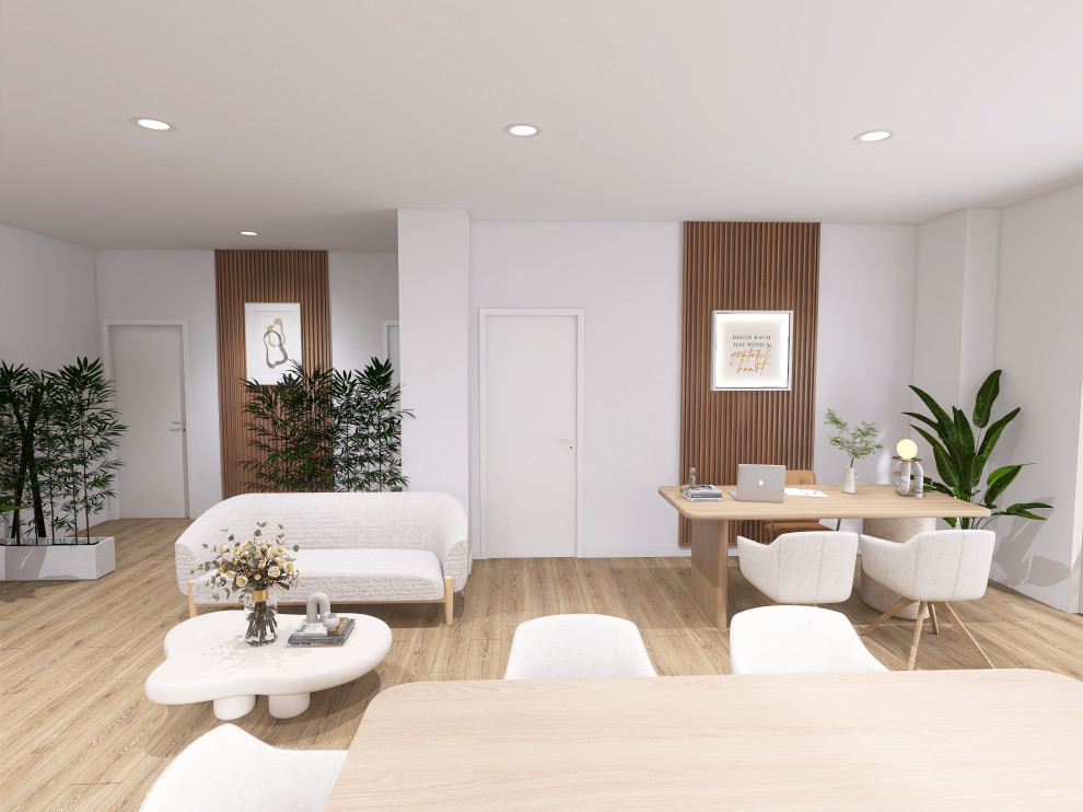 Diseño 3D de oficina inmobiliaria con atención al público