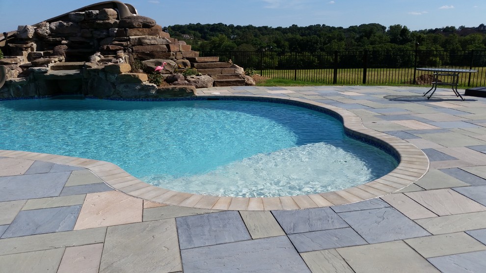 Inspiration for a mid-sized backyard concrete paver and custom-shaped pool fountain remodel in DC Metro