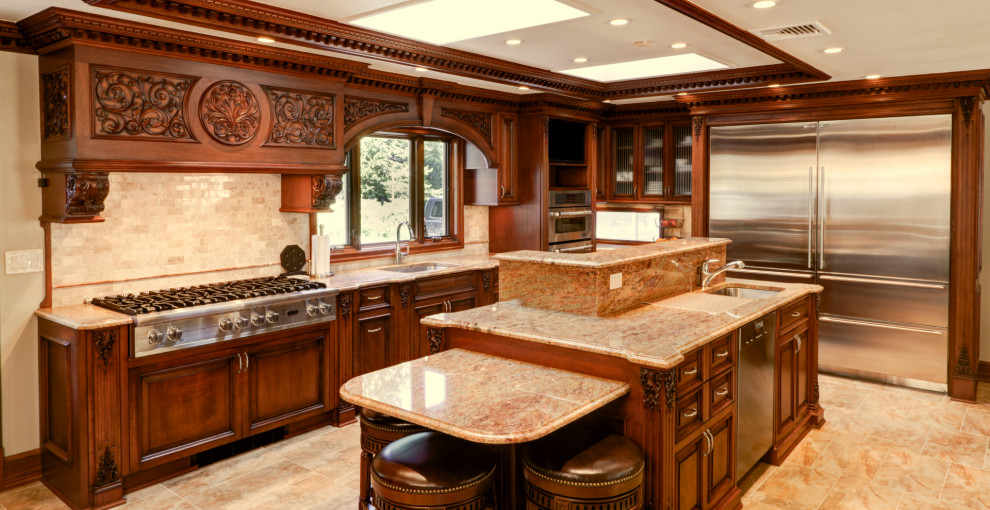 Large victorian u-shaped kitchen/diner in New York with an integrated sink, shaker cabinets, brown cabinets, engineered stone countertops, beige splashback, engineered quartz splashback, stainless steel appliances, an island, beige floors, brown worktops and a coffered ceiling.